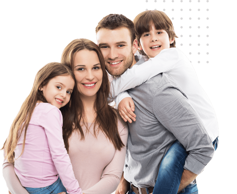 Happy family with two children standing together and happily smiling